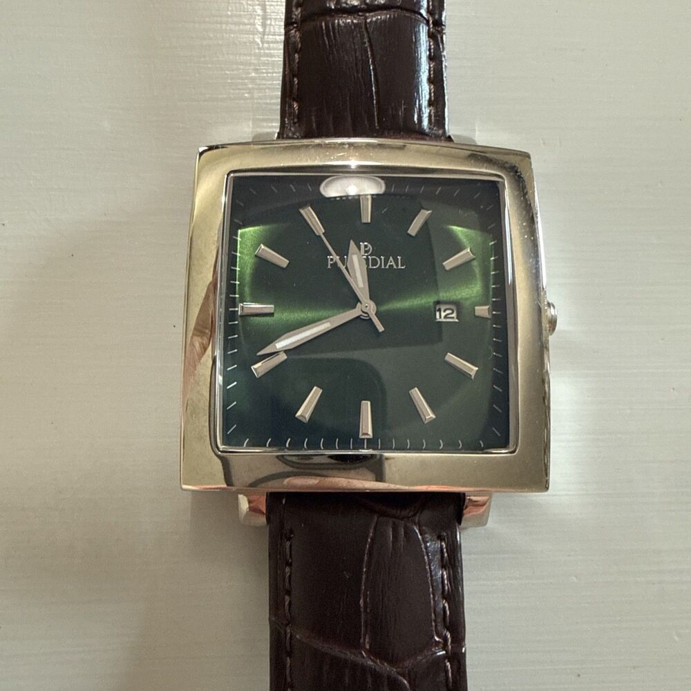 Puredial Square Legacy 1860s Style Mens Stainless Steel Watch Brown Leather Band